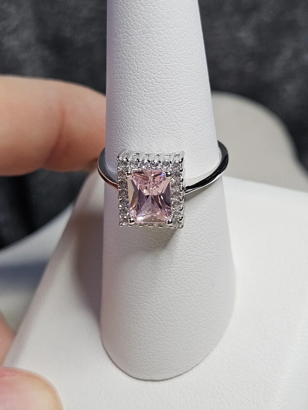 Sterling Silver Ring with Pink Rectangular Center Stone and Halo